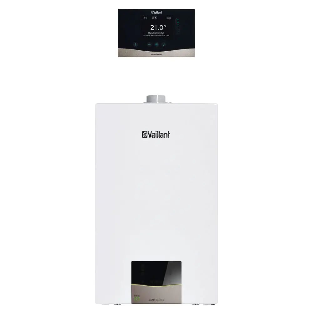 Vaillant Heizgerät in weißer Ausführung mit Bedienfeld oben. Das Gerät zeigt eine Temperaturanzeige und verschiedene Steuerelemente.